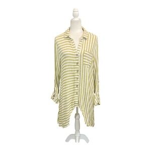 Lagenlook Striped Blouse Linen Blend Large Tunic Top Asymmetrical Hem Resort